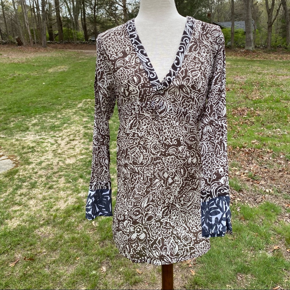 HIHO SWIM COVERUP BROWN WHITE BLUE V-NECK FLORAL LONG SLEEVE SIZE XS